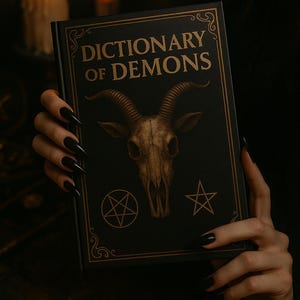 Può includere: Un libro nero intitolato "Dictionary of Demons" con scritte e dettagli dorati. La copertina presenta un'illustrazione di teschio di capra e simboli di pentagramma. Il libro è tenuto tra le mani di una persona con unghie lunghe e nere.