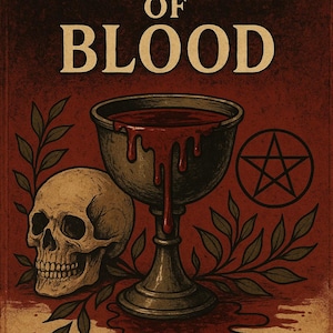 May include: Illustration with the text "MAGICK OF BLOOD." A skull, chalice overflowing with blood, and a pentagram are featured. The artwork has a vintage, gothic aesthetic with a dark red and brown color scheme.