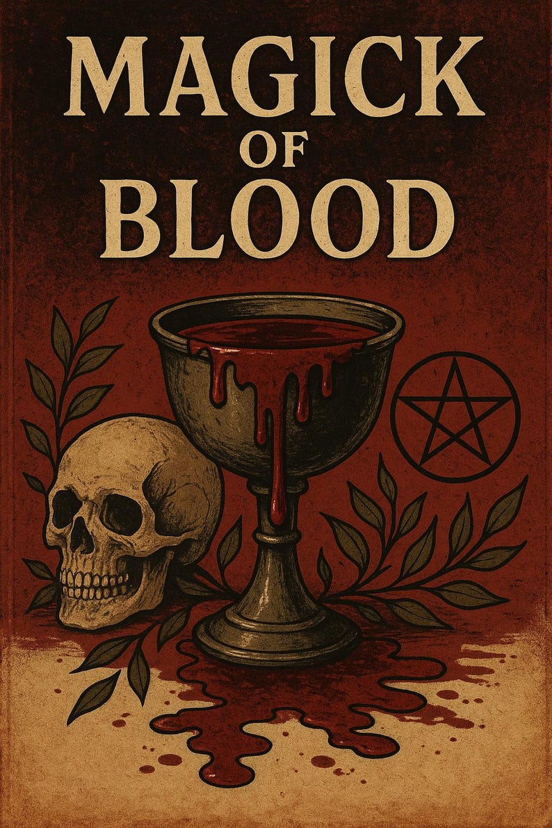 May include: Illustration with the text "MAGICK OF BLOOD." A skull, chalice overflowing with blood, and a pentagram are featured. The artwork has a vintage, gothic aesthetic with a dark red and brown color scheme.