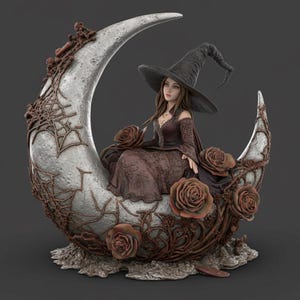 Witch with Moon and Roses Statue STL File digitale | 3D Printable Gothic Sorceress Sculpture | Magical Woman Figurine | Fantasy Art Model