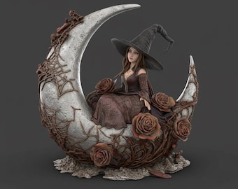 月とバラを持つ魔女の像 STL デジタルファイル | 3D プリント可能なゴシック魔女の彫刻 | 魔法使いの女性の置物 | ファンタジー アート モデル