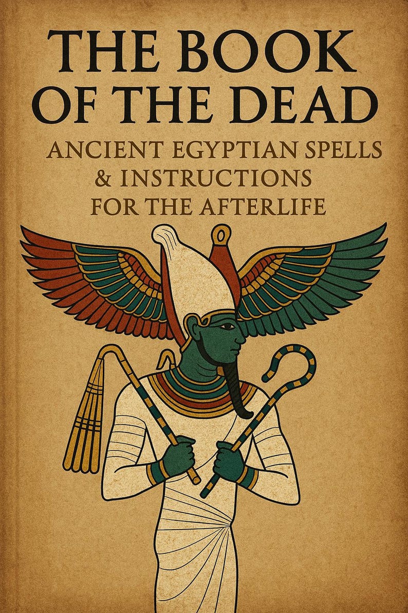 Pu&ograve; includere: Illustrazione di un'antica figura egizia con la pelle verde, che tiene un bastone uncinato e un flagello. L'immagine presenta il testo "THE BOOK OF THE DEAD" e "ANCIENT EGYPTIAN SPELLS & INSTRUCTIONS FOR THE AFTERLIFE" su sfondo beige.