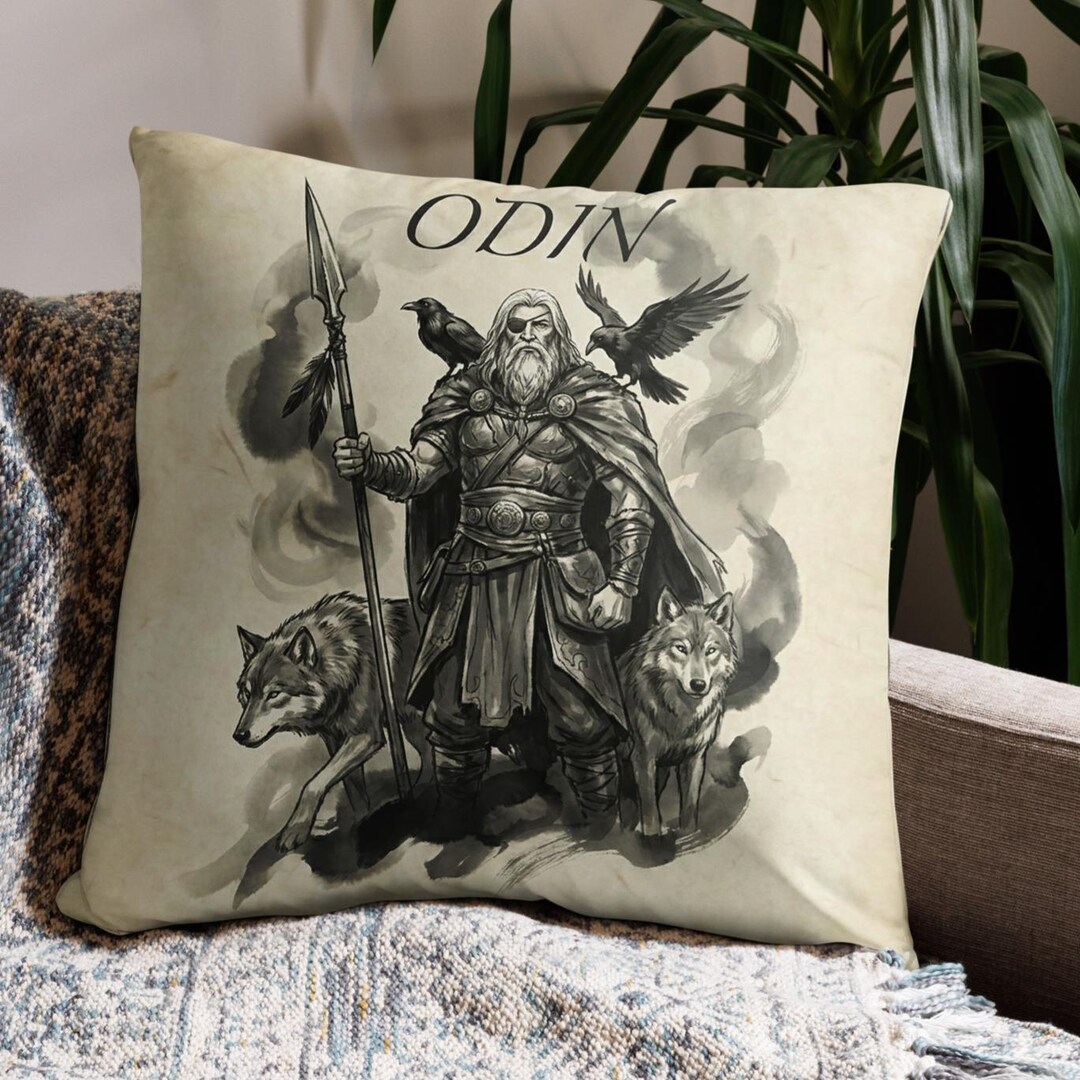 Odin Allfather Pillow Ink Wash Art Cushion Norse Mythology Decor Viking ...