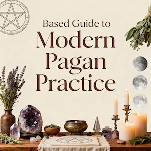 Può includere: Una natura morta con un libro intitolato "Based Guide to Modern Pagan Practice", un pentagramma, candele, cristalli, erbe e fasi lunari. La scena è su un tavolo di legno con uno sfondo neutro.
