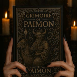 以下が含まれることがあります： 金色の文字とイラストが施された、"Grimoire of Paimon"というタイトルの黒い本。表紙には、ラクダに乗った角のある人物の画像が描かれています。背景にはろうそくが灯っています。
