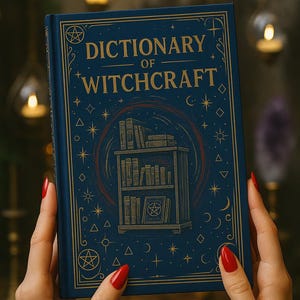 Può includere: Un libro blu scuro intitolato "Dictionary of Witchcraft" con lettere e illustrazioni dorate. La copertina presenta un disegno di libreria e simboli celesti. Il libro è tenuto in mano con smalto rosso.