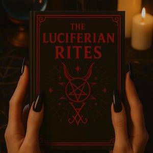Puede incluir: Un libro negro titulado "THE LUFICERIAN RITES" con letras y símbolos rojos. El libro está sostenido por manos con uñas largas y negras. Dos velas encendidas y una bola de cristal están en el fondo, creando una atmósfera mística.