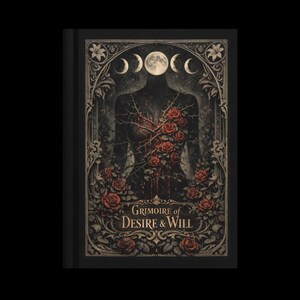 May include: A black book with the title "Grimoire of Desire & Will." The cover features a headless figure with a thorny vine design and red roses. Above the figure are phases of the moon. Ornate floral and moon details frame the design.