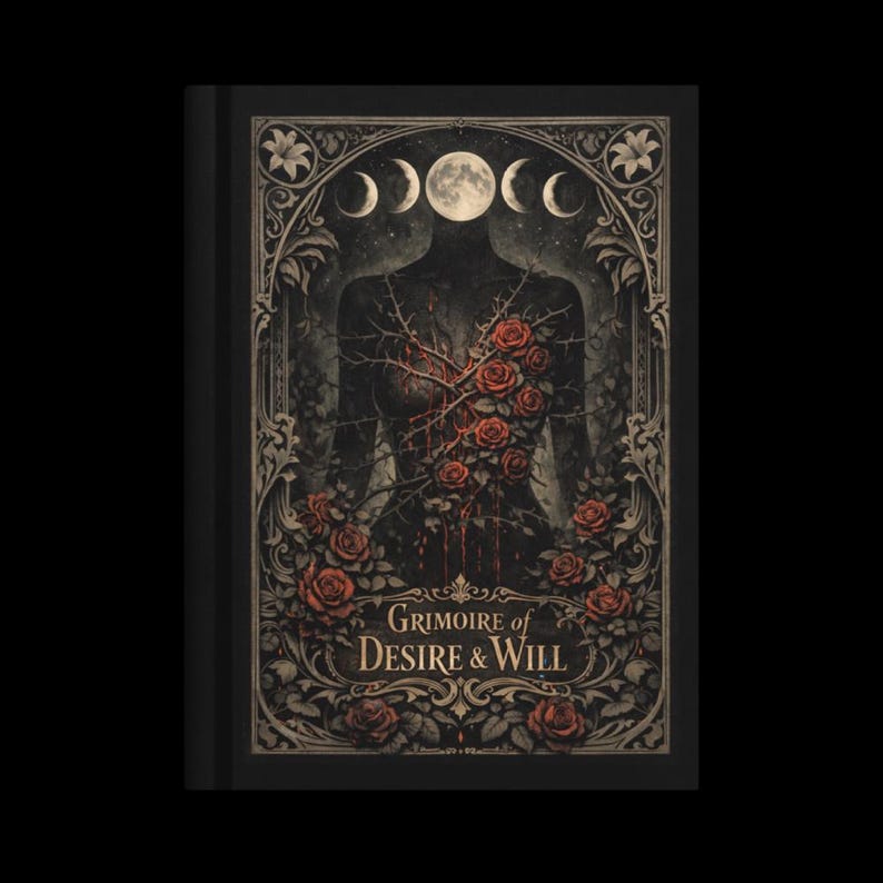 May include: A black book with the title "Grimoire of Desire & Will." The cover features a headless figure with a thorny vine design and red roses. Above the figure are phases of the moon. Ornate floral and moon details frame the design.