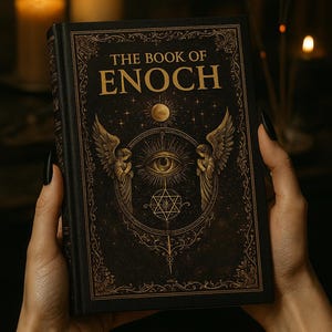 May include: A black book with the title "THE BOOK OF ENOCH" in gold lettering and ornate gold designs. The cover displays an eye, wings, and celestial symbols. The book is held in hands with dark nail polish, with candles in the background.