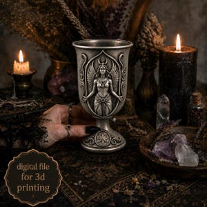 May include: A silver-toned goblet featuring a relief of a winged figure with a crescent moon headdress. The base displays a star emblem. The text "digital file for 3d printing" is visible in the lower left corner of the image.