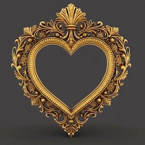 May include: Ornate gold-colored heart-shaped picture frame. The frame features intricate floral and scrollwork detailing. The heart-shaped opening is empty, ready for a photograph or artwork. The frame is likely made of metal or a similar material.