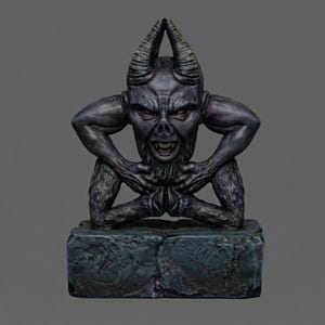 May include: A dark grey sculpture of a horned demon with red eyes and an open mouth, revealing sharp teeth. The demon is in a squatting position with its arms crossed. It rests on a textured, grey stone base.
