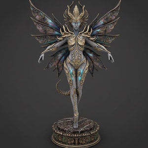 May include: A detailed statue of a fairy with outstretched arms, intricate gold and teal accents, and large, iridescent wings. The fairy is standing on a decorative, round base with floral patterns.