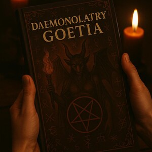 May include: A dark brown book titled "DAEMONOLATRY GOETIA" with a demonic illustration and a pentagram. Two lit candles flank the book, casting a warm glow. The book is held by two hands.