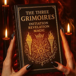 Può includere: Un libro scuro intitolato "THE THREE GRIMOIRES" con lettere e illustrazioni dorate, tra cui una stella e fiamme. Il libro è tenuto in mano con smalto nero, con candele accese sullo sfondo. Il sottotitolo del libro recita "INITIATION REVELATION MAGIC."