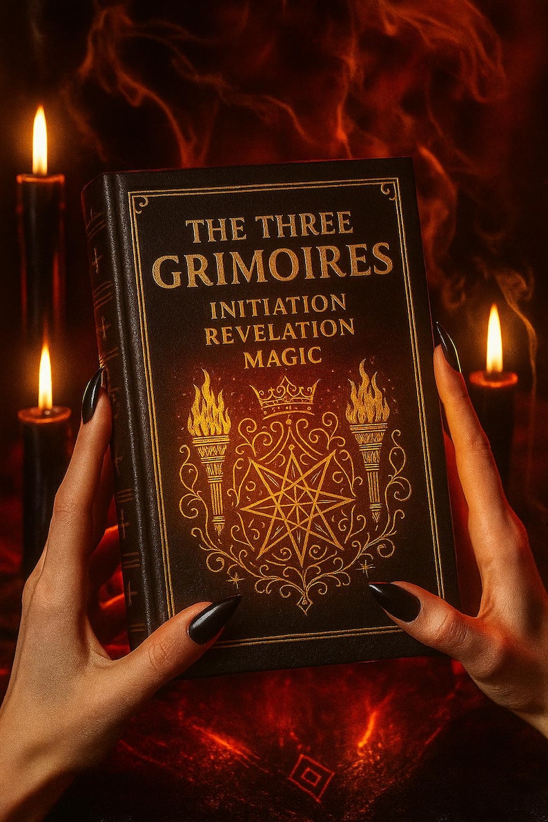 以下が含まれることがあります： 「THE THREE GRIMOIRES」というタイトルの、金色の文字と星や炎などのイラストが描かれた暗い本。 黒いマニキュアを塗った手で持っており、背景にはろうそくが灯っている。 本のサブタイトルは「INITIATION REVELATION MAGIC」です。