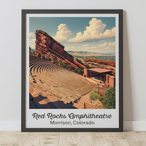 Red Rocks Amphitheatre Print, Colorado Wall Art, Vintage Concert Venue Poster, Digital Download Gift for Music Lovers