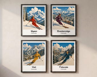 Vintage Ski Poster Set | Ski Lodge Decor | Aspen, Vail, Breckenridge, Telluride Wall Art