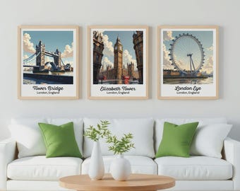 London Landmark Poster Set | Big Ben, Tower Bridge, London Eye Posters | England Travel Art