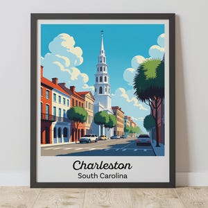 Charleston Print, Rainbow Row Wall Art, Vintage South Carolina Travel Poster, Digital Download