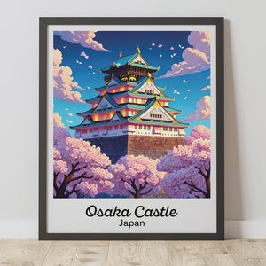 Osaka Castle Print, Cherry Blossom Wall Art, Vintage Japan Travel Poster, Digital Download