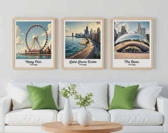 Chicago Print Set | The Bean, Navy Pier, Lake Shore Drive Wall Art | Illinois Poster