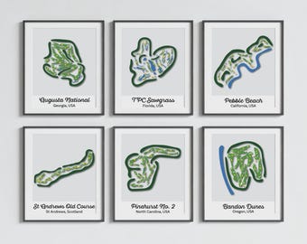 Golf Course Map Print Set | Augusta, Pebble Beach, Sawgrass, St Andrews, Bandon, Pinehurst Posters