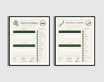 Golf Scorecard Print Set | Augusta & St Andrews Old Course Wall Art | Golfer Gift