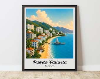 Puerto Vallarta Print, Mexico Wall Art, Malecon Pier Poster, Coastal Travel Decor