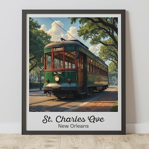 Impressão de bonde de Nova Orleans, arte de parede vintage da Louisiana, pôster da Avenida St. Charles, download digital de NOLA, presente para amantes de Nova Orleans