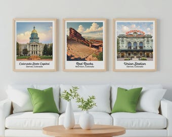 Denver Print Set | Red Rocks Amphitheatre, Union Station, Colorado Capitol Wall Art | Colorado Poster