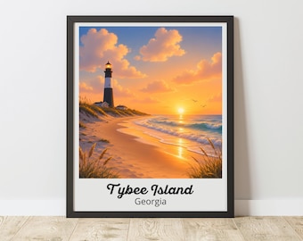 Tybee Island Lighthouse Print, Georgia Beach Sunset Poster, Coastal Wall Art Decor