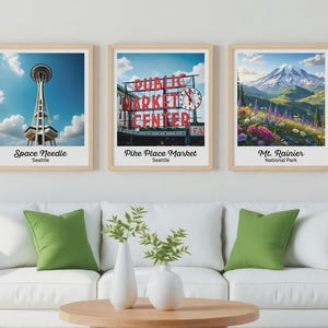 Seattle Print Set of 3, Space Needle, Mount Rainier, Pike Place Market Wall Art, Vintage Washington Travel Poster, Digital PNW Gift