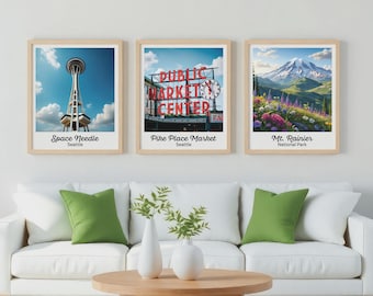 Seattle Print Set | Space Needle, Mount Rainier, Pike Place Market Wall Art | PNW Poster