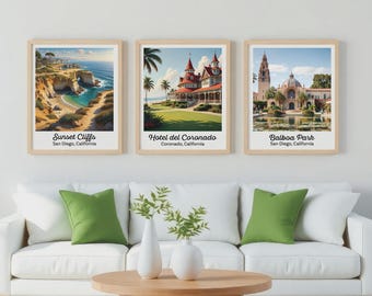San Diego Print Set | Sunset Cliffs, Hotel del Coronado, Balboa Park Wall Art | So Cal Poster