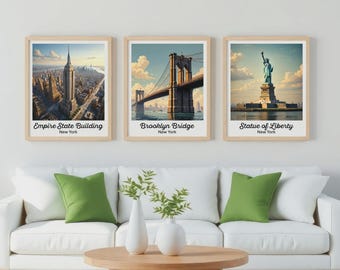 New York City Print Set | Statue of Liberty, Empire State Building, Brooklyn Bridge Wall Art | NYC Poster