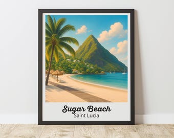 St Lucia Print, Sugar Beach Wall Art, Saint Lucia Pitons Poster, Caribbean Decor