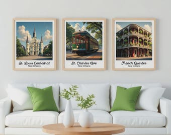 New Orleans Print Set | Streetcar, French Quarter, St. Louis Cathedral Wall Art | NOLA Poster
