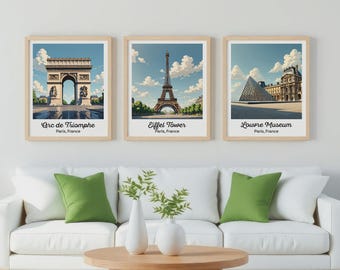 Paris Print Set | Eiffel Tower, Louvre, Arc de Triomphe Posters | France Travel Poster