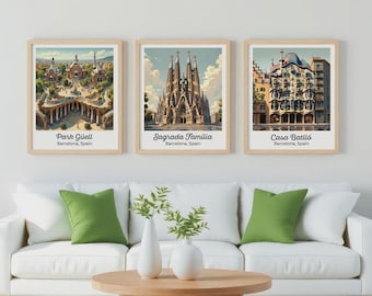 Conjunto de impresión de Barcelona / Sagrada Familia, Parque Güell, Carteles de Casa Batlló / Cartel de viaje de España