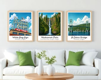 Portland Print Set | Multnomah Falls, White Stag Sign, St. Johns Bridge Wall Art | Columbia River Gorge Poster | Oregon PNW Decor