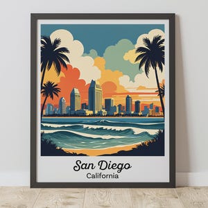 San Diego Print, California Wall Art, Vintage Cityscape Travel Poster, Digital Download