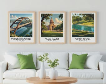 Austin Print Set | Barton Springs, Texas Capitol, Pennybacker Bridge Wall Art | Texas Poster