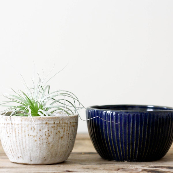 Vintage Pottery Planters, Rustic Blue and White Bowl Planters, Set of Two