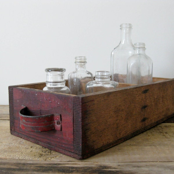 Vintage Industrial Hardware Drawer, Red Painted Wood