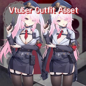 May include: Digital illustration of a Vtuber Outfit Asset. The image features two anime-style characters in matching outfits. They wear dark blue military-style jackets, skirts, and hats, with white shirts and red ties. Each character holds a black handgun.