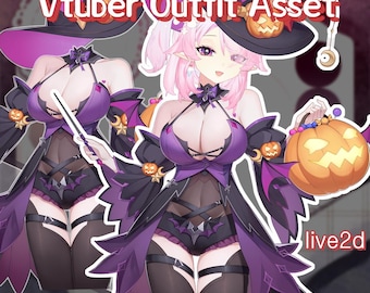 Op de afbeelding: Een digitale illustratie van een Vtuber-outfit-asset met een heksenthema. De outfit heeft een paars en zwart kleurenschema, inclusief een heksenhoed, jurk en accessoires. De afbeelding bevat ook een pompoen en de tekst "Vtuber Outfit Asset" en "live2d".