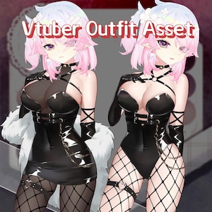 May include: Two digital illustrations of a character in black outfits. The character has pink hair and purple eyes. The text "Vtuber Outfit Asset" is displayed in red. One outfit is a dress, the other is a bodysuit.