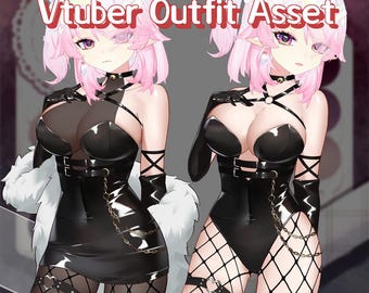 Op de afbeelding: Twee digitale illustraties van een personage in zwarte outfits. Het personage heeft roze haar en paarse ogen. De tekst "Vtuber Outfit Asset" wordt in het rood weergegeven. Eén outfit is een jurk, de andere is een bodysuit.